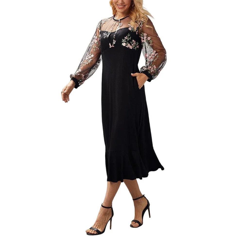 Suzanne Betro Dresses Black Floral Keyhole Contrast Empire Waist Midi Size 2X - Picture 2 of 5